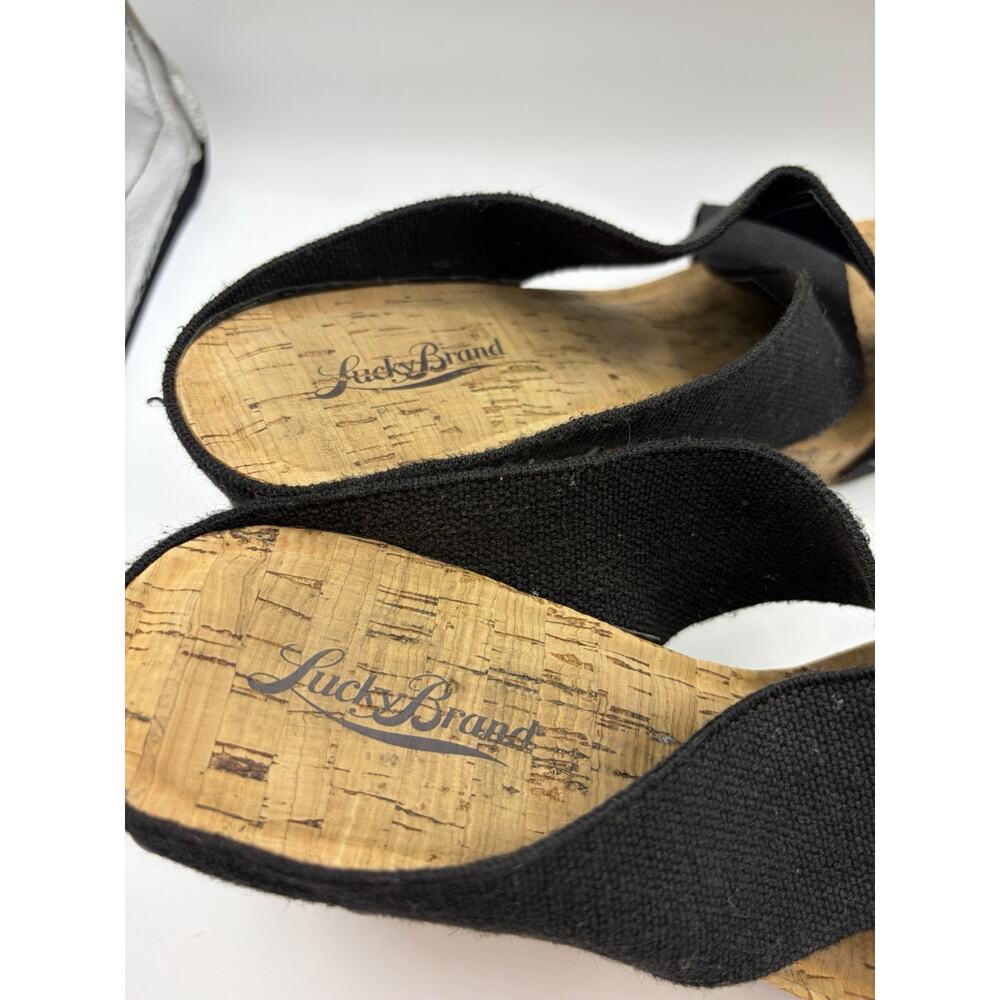 Lucky Brand Cork Wedge Sandals Womens 9 Black Canvas Criss Cross Slide Shoes - Picture 4 of 11